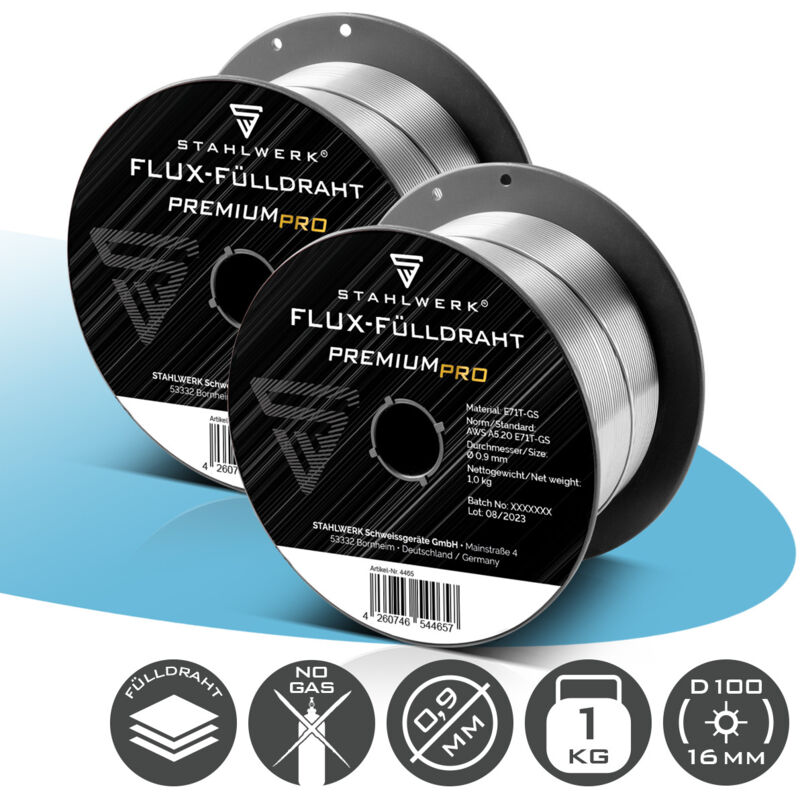 STAHLWERK Fülldraht 2er Set FLUX E71T-GS 0,9 mm 1 kg Drahtrolle D100 MIG MAG