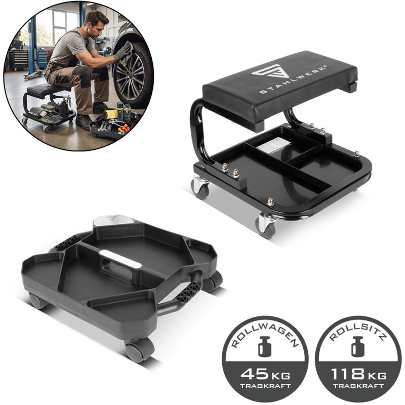 STAHLWERK Werkstatt- und Montage-Set – Werkstatthocker mit 118 kg Traglast inklusive mobilem Werkstatt-Caddy belastbar bis 45 kg, kompakter