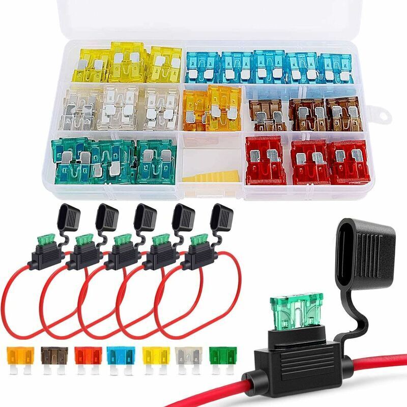 Standard-Kfz-Sicherungssatz mit 120 Teilen, Kfz-Flachsicherungen -5A 7,5A 10A 15A 20A 25A 30A + 5 Kfz-Sicherungshalter