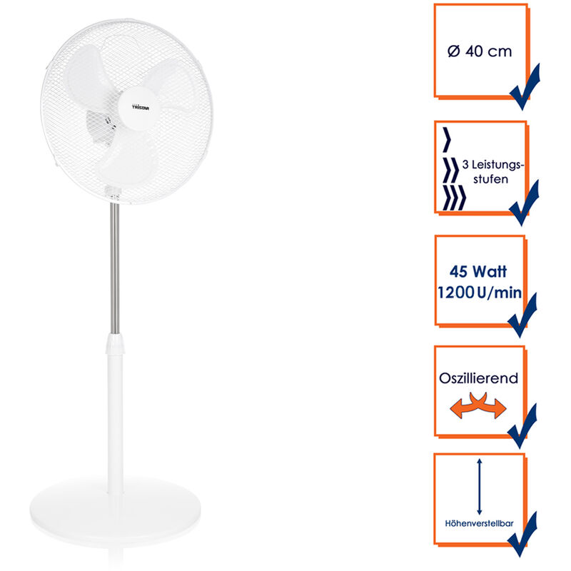 Standventilator Weiß Oszillierend, Ø 40cm, 45 Watt, Höhe 85-120cm