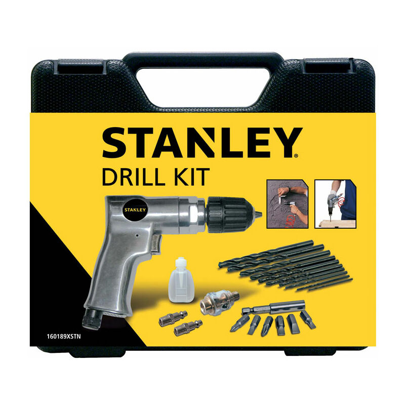 Pneumatisches Bohrerset mit reversibler Bohrmaschine, 10 HSS-Bohrern, 6 Schrauberbits, Adapter, Ölfläschchen, Mini-Ölsprüher und 2 Schnellkupplungen