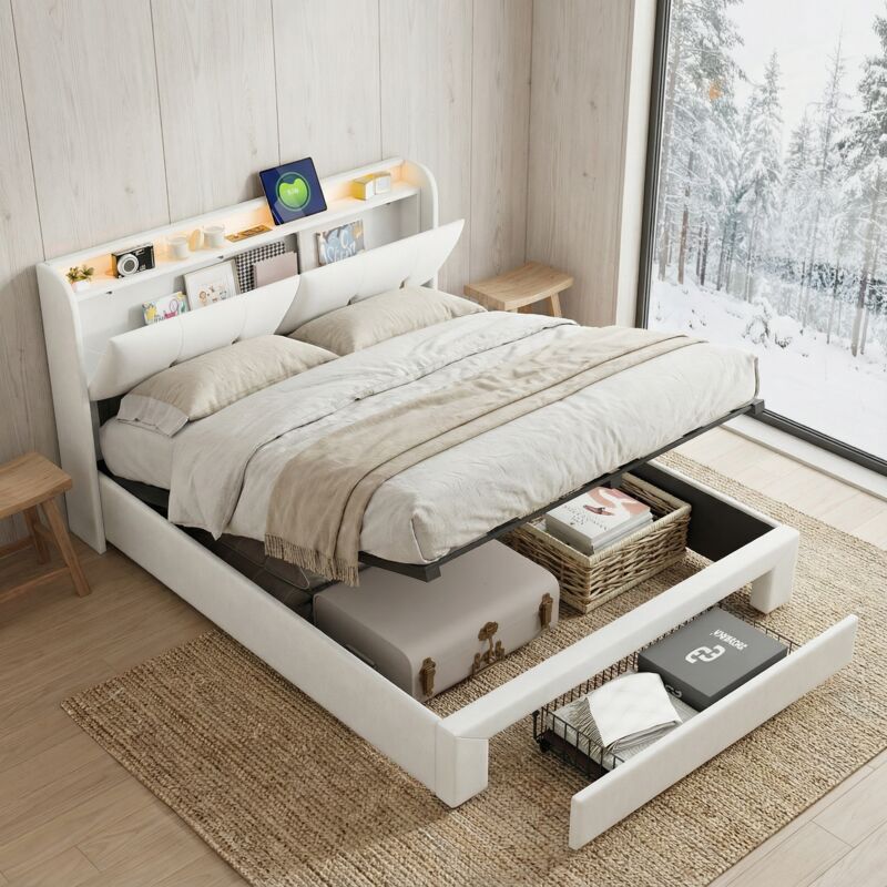Bett mit Stauraum, Stauraumbett 140x200, 1 große Schublade, Polsterbett mit LED, Bett Erwachsene hydraulisch, Kopfteil mit Stauraum & 2 USB, Samt,