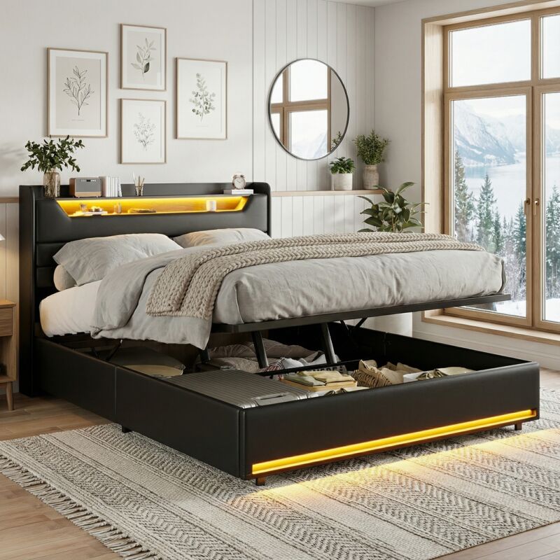 Bett mit Stauraum, Stauraumbett 140x200, Doppelbett mit LED & Ladestation, 2 USB 2 Steckdosen, Bett Erwachsene hydraulisch, Kopfteil mit Stauraum,