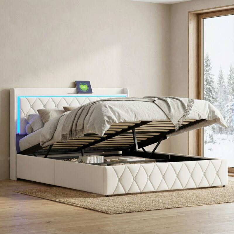 Bett mit Stauraum, Stauraumbett 140x200, Doppelbett mit LED RGB & USB/Typ-C, Bett Erwachsene mit Lattenrost, Kopfteil mit Stauraum, Samt,