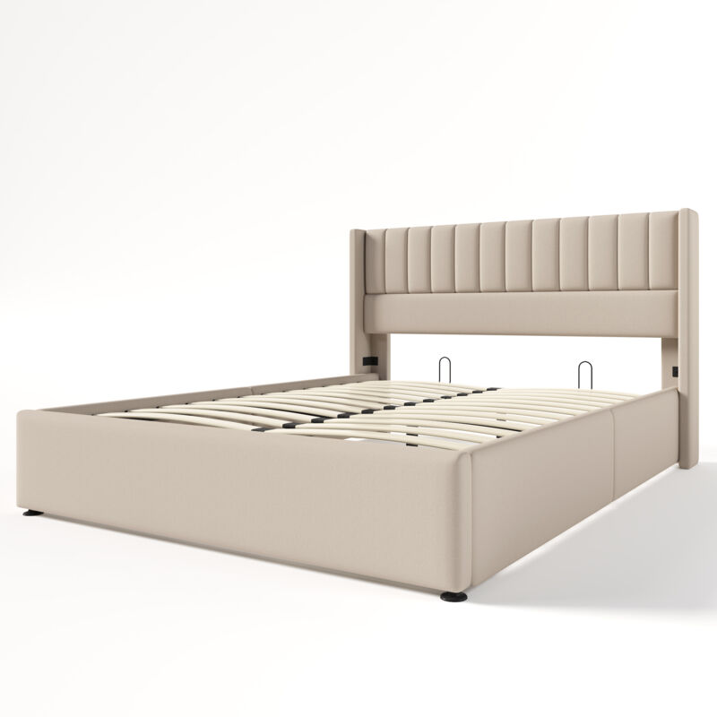 Stauraumbett, gepolstertes Bett, hydraulisches Doppelbett 160 x 200 cm, Holzlattenrost, Bett mit Metalllattenrost, Leinen, Beige