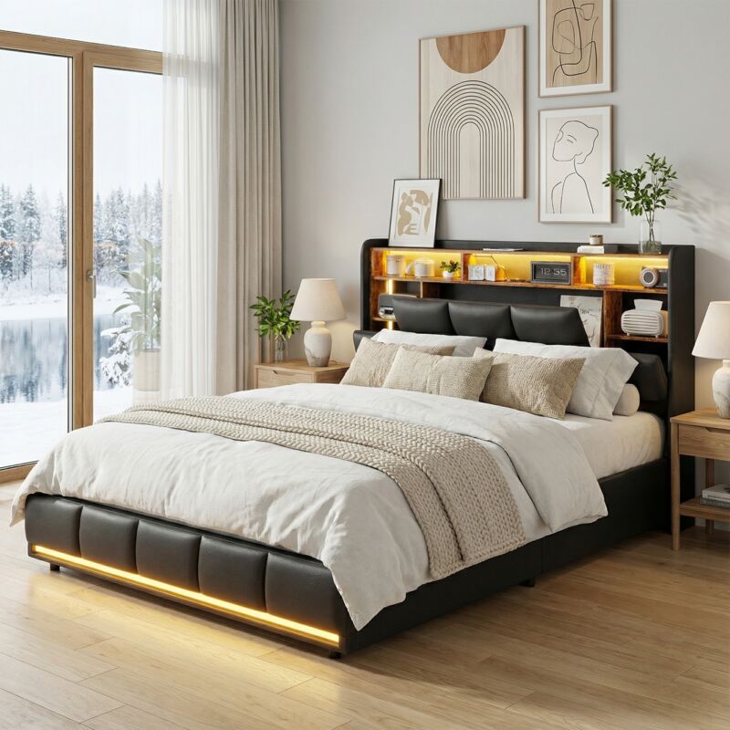 Bett mit Stauraum, Stauraumbett 140x200 mit Lattenrost, USB/EU Ladestation & Hydraulik, Doppelbett, Bett Erwachsene, Skandi-Stil(140x200cm, Schwarz)