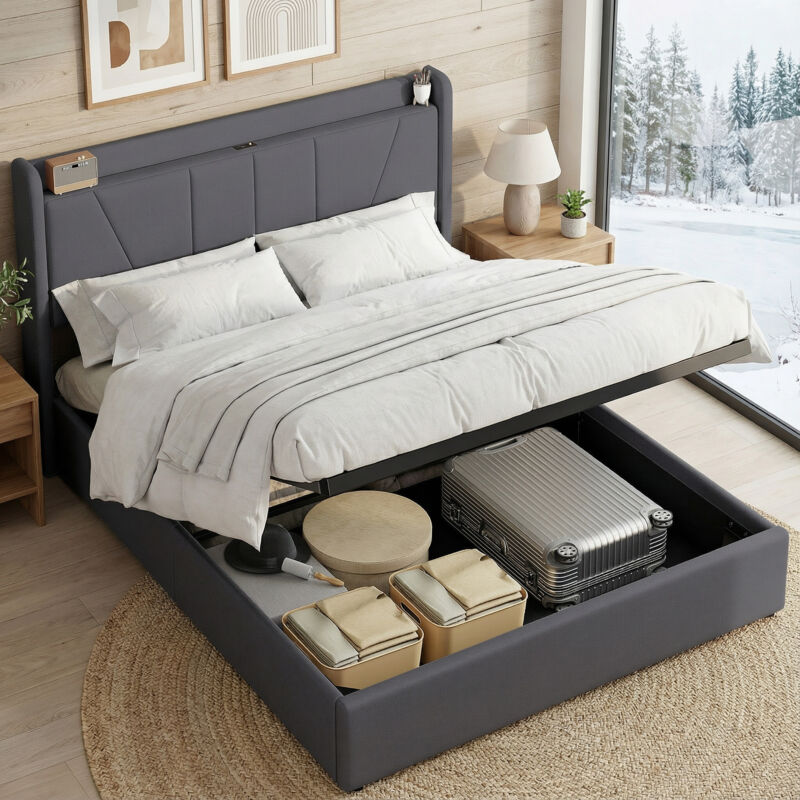 Bett mit Stauraum, Stauraumbett 160x200, Polsterbett mit USB/Typ-C, Kopfteil mit Stauraum, Bett Erwachsene mit Lattenrost, Leinen, Skandi(160x200cm,