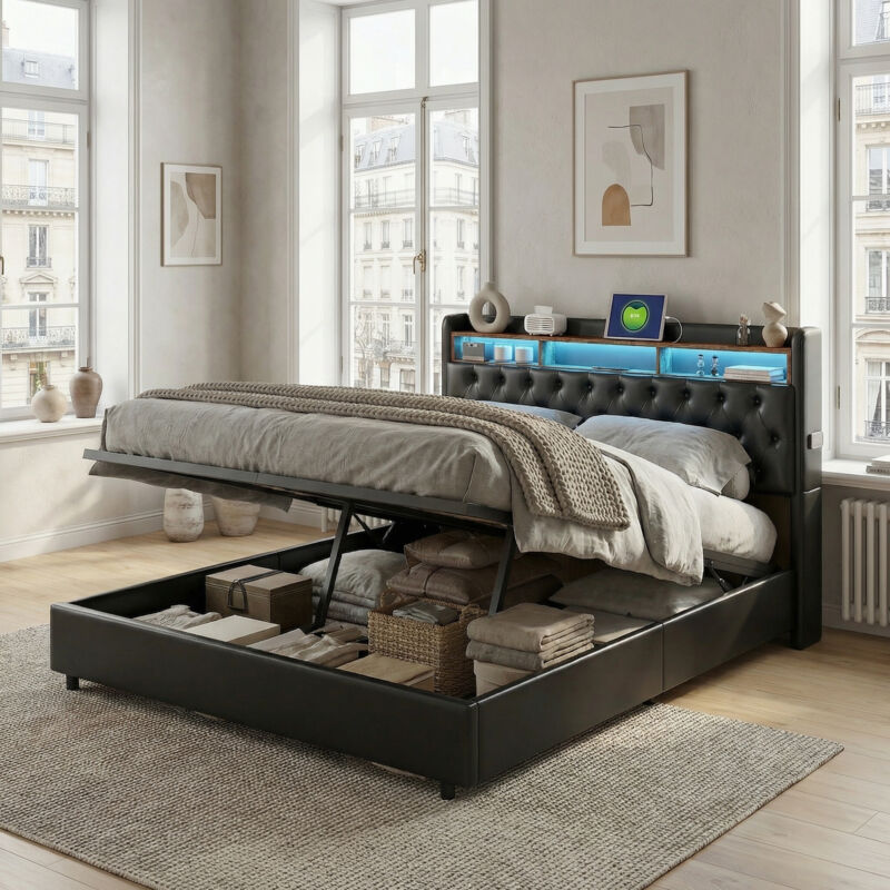 Bett mit Stauraum, Stauraumbett 180x200, LED RGB & USB, Polsterbett mit Lattenrost, Bett Erwachsene hydraulisch, Kopfteil mit Stauraum,