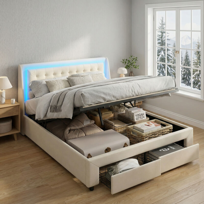 Bett mit Stauraum, Stauraumbett 180x200 mit Lattenrost, 2 Schubladen, Polsterbett mit LED RGB, Bett Erwachsene hydraulisch, Samt,