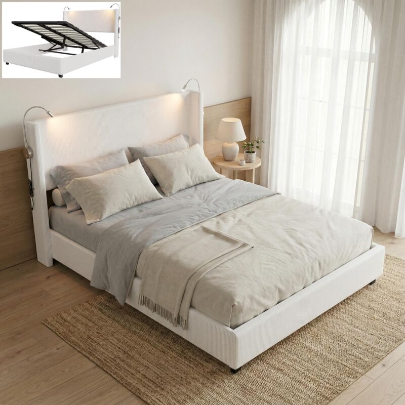 Bett mit Stauraum, Stauraumbett 140x200 mit Lattenrost, LED-Leselampen & USB, Polsterbett hydraulisch, Bett Erwachsene Cord-Samt,
