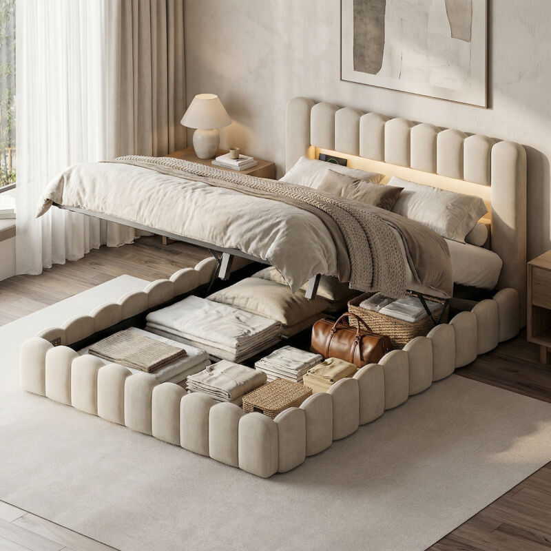 Bett mit Stauraum, Stauraumbett 140x200 mit Lattenrost, LED & USB/Typ-C, Polsterbett hydraulisch, Bett Erwachsene, Leinen, moderner
