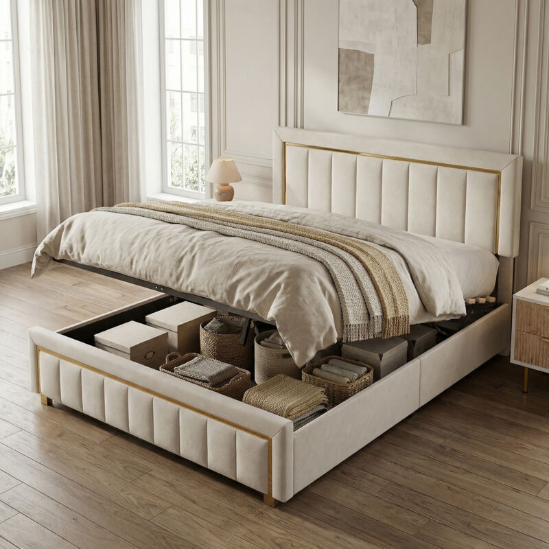 Bett mit Stauraum, Stauraumbett 140x200, Polsterbett, Bett Erwachsene hydraulisch, Goldrand-Dekor, Samt, inkl. Lattenrost, eleganter