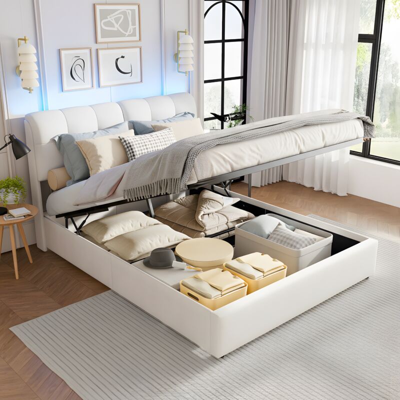 Bett mit Stauraum, Stauraumbett 140x200 mit Lattenrost, Polsterbett mit LED-Kopfteil 7 Farben, Bett Erwachsene hydraulisch, Samt,