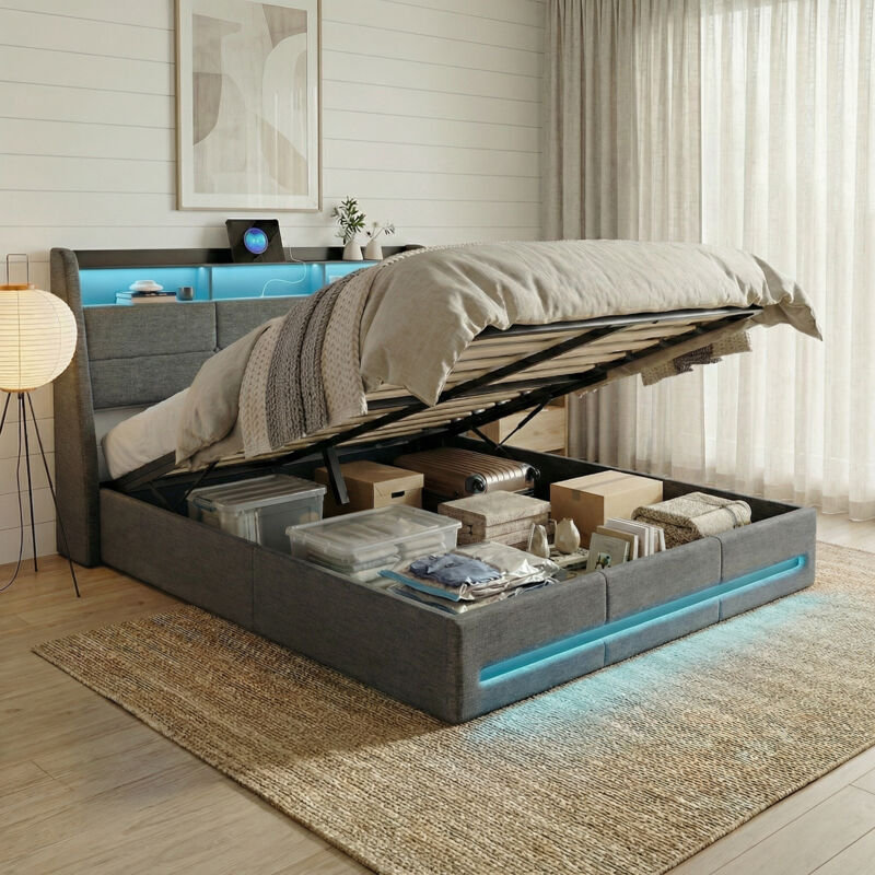 Bett mit Stauraum, Stauraumbett 140x190 mit Lattenrost, USB & Typ-C, Polsterbett mit LED RGB, Bett Erwachsene hydraulisch, Kopfteil mit Stauraum,