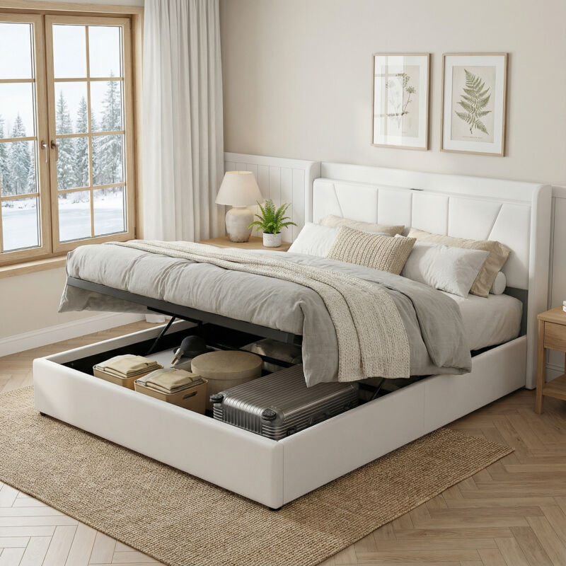 Bett mit Stauraum, Stauraumbett 140x200, Polsterbett mit USB/Typ-C, Kopfteil mit Stauraum, Bett Erwachsene mit Lattenrost, Leinen, Skandi(140x200cm,