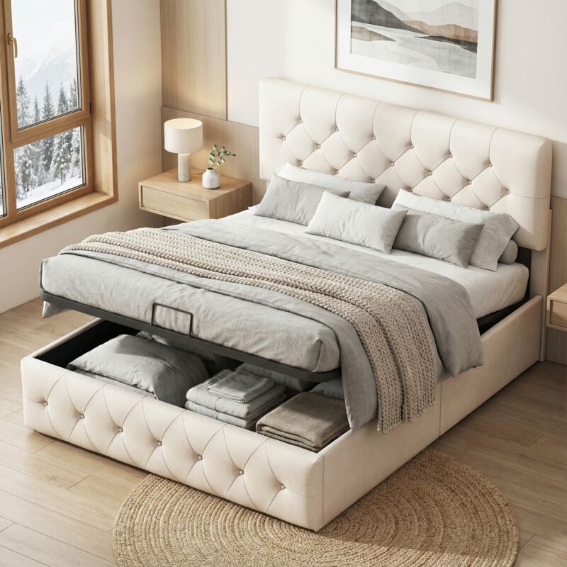 Bett mit Stauraum, Stauraumbett 140x200, Polsterbett Samt, Bett Erwachsene mit Stauraum, höhenverstellbares Kopfteil, moderner Stil,