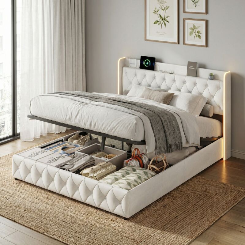 Bett mit Stauraum, Stauraumbett 140x200, USB/Typ-C, Polsterbett mit LED RGB, Bett Erwachsene hydraulisch, Kopfteil mit Stauraum, Samt,