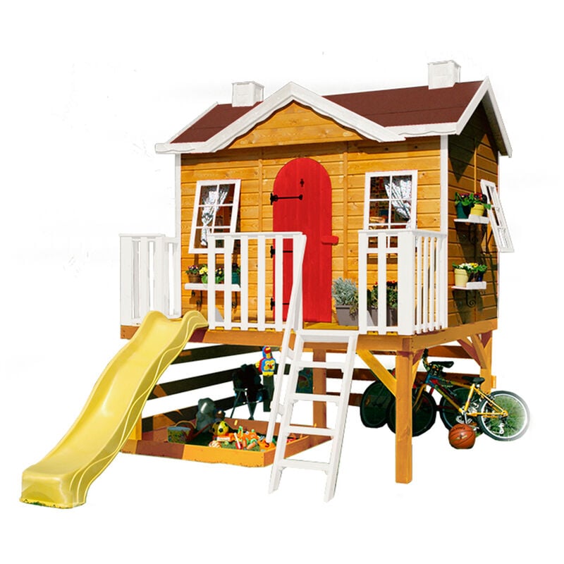 Stelzenhaus für kinder mit Rutsche SUPER DOMO - 250 x 250 x 322 cm - CASAS GREEN HOUSE- Bemaltes Spielhaus, Transport inklusive