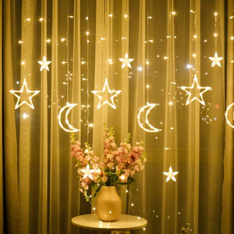 Stern-Mond-Vorhang-Lichter, 3,5 m Mond-Vorhang-Lichter Ramadan, LED-Sternlicht-Girlande, Stern-Vorhang-Lichter, dekorative Lampe für Fenster,