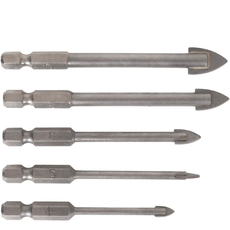 Fliesenbohrer Set 5-teilig, 1/4 Zoll Bit hex Sechskant, umfangreiches Set Größe 4-10 mm, für (Schlag-)Bohrmaschine und Akkuschrauber, Viertel-Zoll