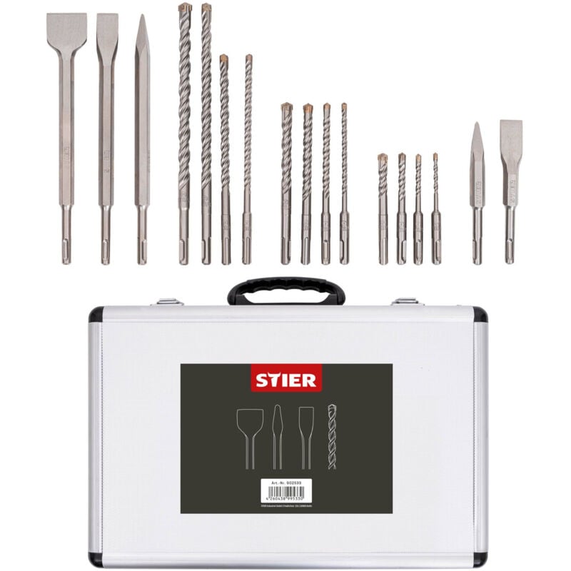 SDS-Plus Bohrer & Meißelsatz, 17-tlg Set im Metallkoffer, SDS-Plus Spitzmeißel, SDS-Plus Flachmeißel, SDS-Plus Breitmeißel, SDS-Plus Bohrer 260 mm