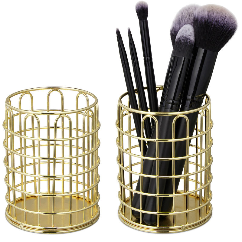 2 x Stiftehalter Draht, rund, Pinselhalter Kosmetik, modern, Stiftebecher Schreibtisch, H x D: 10 x 8 cm, gold