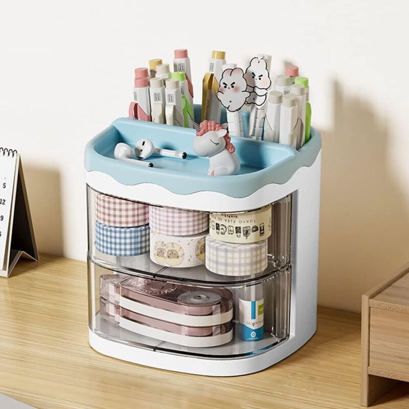 Stiftehalter, Stifteorganizer, Schreibtisch-Stiftehalter, Schreibtisch-Organizer mit Schublade für Schul-, Lern- und Künstlerbedarf (blau)