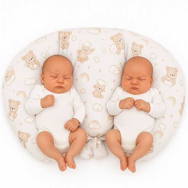 Stillkissen für Zwillinge + abnehmbarer Bezug - beiger Teddybär mit Regenbogen