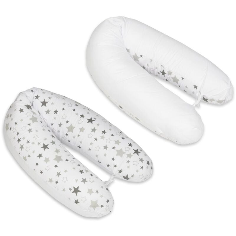 Viking Choice - Stillkissen - Schwangerschaftskissen - 100 % Baumwolle - mit Kordeln - 145 cm - weiß/graue Sterne auf weiß - weiß