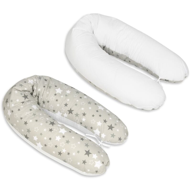 Viking Choice - Stillkissen - Schwangerschaftskissen - 100% Baumwolle - mit Schnüren - 145 cm - weiß / graue Sterne auf grau - weiß