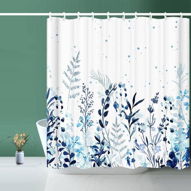 Stoffduschvorhang, blauer Duschvorhang mit botanischem Muster, Haken, Duschvorhang im Hotelstil mit 12 Haken, wasserdichte Duschvorhang-Einlage (183