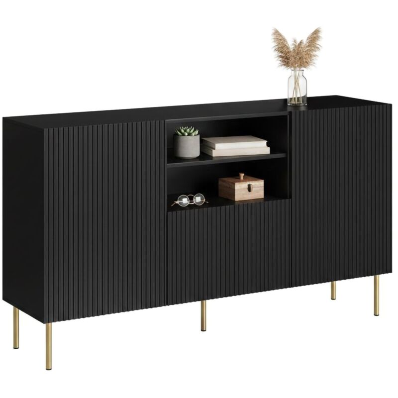 Stornara Sideboard, Wohnzimmer-Sideboard mit zwei Flügeltüren, einer Schublade und zwei offenen Fächern, geriffeltes Design, 150 x 42 x 82 cm, Schwarz