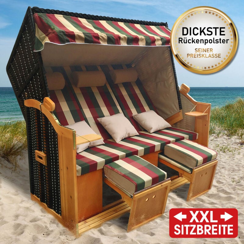 BRAST Strandkorb Usedom 3-Sitzer XXL für 2-3 Personen 165cm breit inkl. wetterfeste Abdeckhaube verstellbare Rückenlehne Fußkissen Rot/Grün/Beige