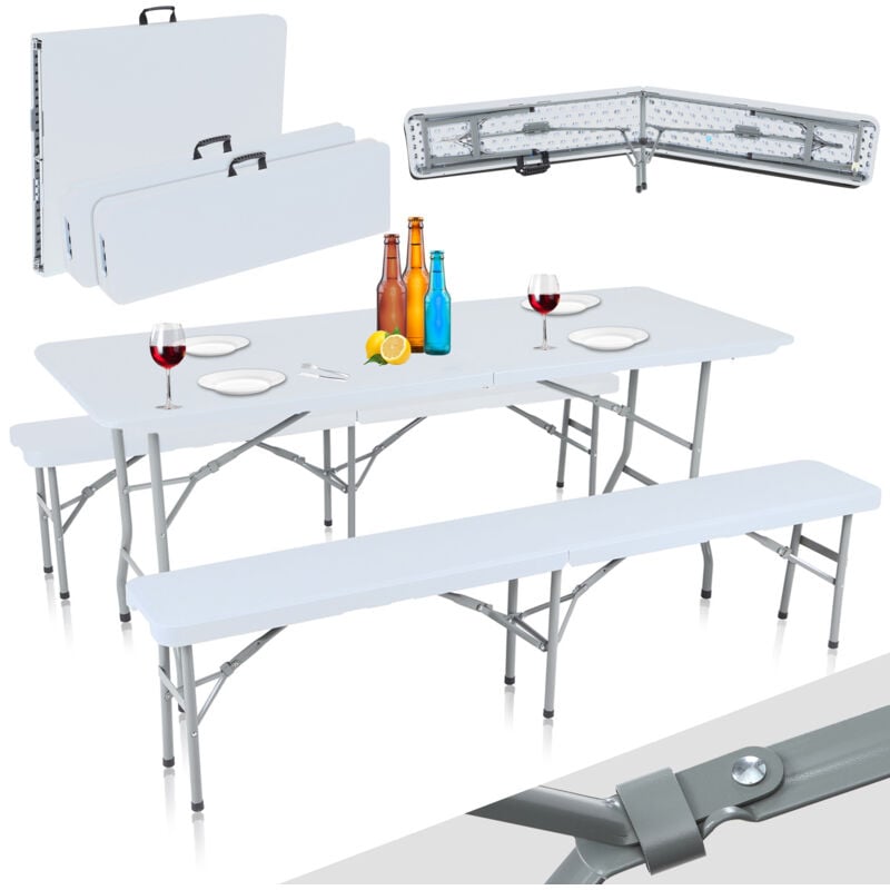Strattore - Buffettisch Bierzeltgarnitur klappbar mit Tisch und 2 Bänken - aus Kunststoff in Weiß
