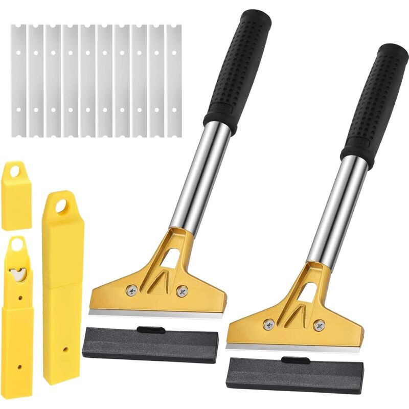 Stück Glasschaber mit 20 Klingen, Farbschaber mit langem Griff, 155 mm Klingen aus Karbonstahl, für Fliesen, Tapeten, Kleber, Spiegel, Kochfeld