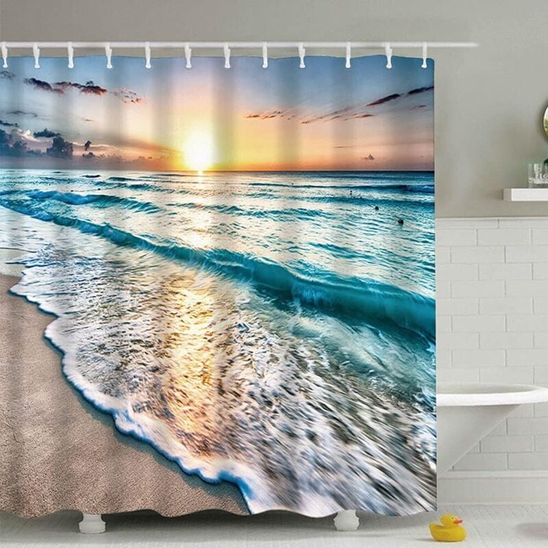 180 x 180 cm Duschvorhang für Zuhause, Marine-Duschvorhang, wasserdichter und schimmelresistenter Duschvorhang mit Ozean-Strand-Sonnenaufgang-Druck,