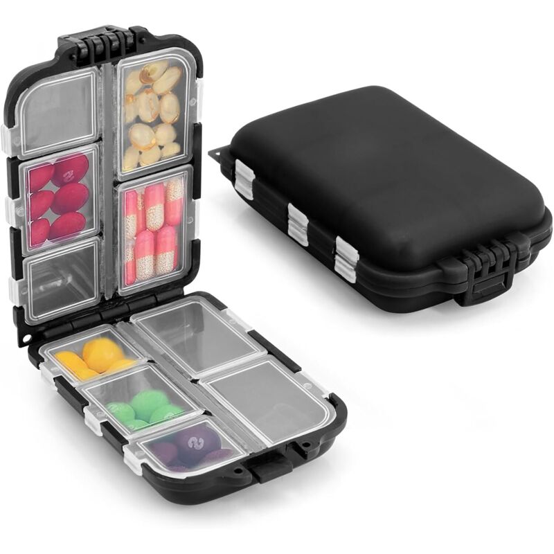 Stück Pillendose, Reiseapotheke mit 10 Fächern, Mini Tablettenbox, Pillendose, leicht und stabil, Pillenbox Organizer für Vitamine (Schwarz)