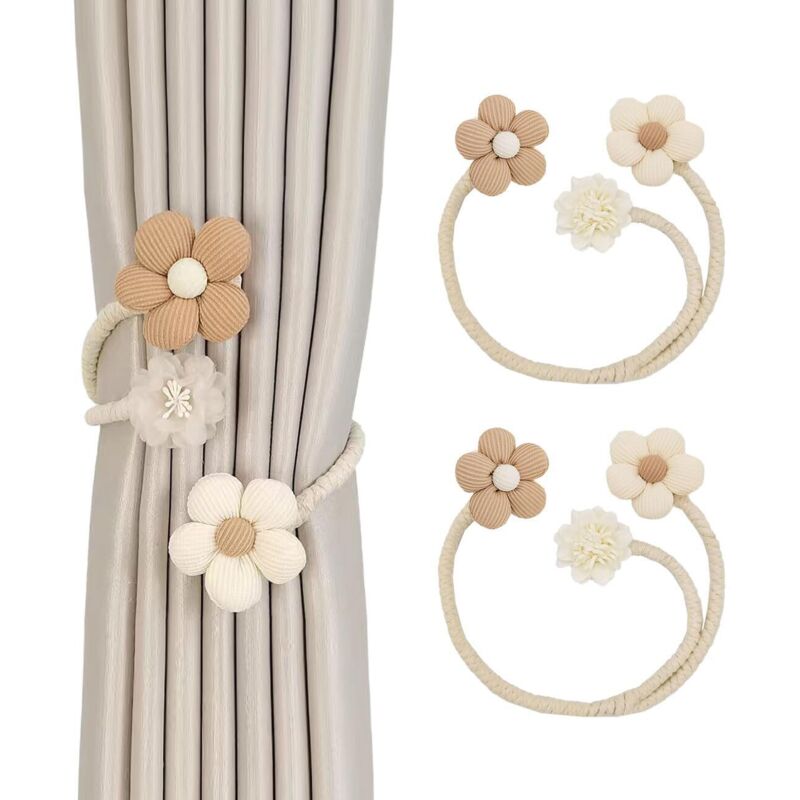 Stück Raffhalter, Boho-Blumen-Raffhalter, 360° drehbar, verstellbare Blumen-Raffhalter, dekorative Gardinenclips ohne Bohren (Beige + Braun)