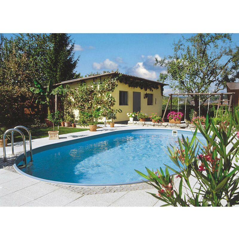 Stahlwandpool oval Exklusiv 700x350x120 cm, Stahl 0,6 mm weiß, Folie 0,6 mm blau, Einhängebiese