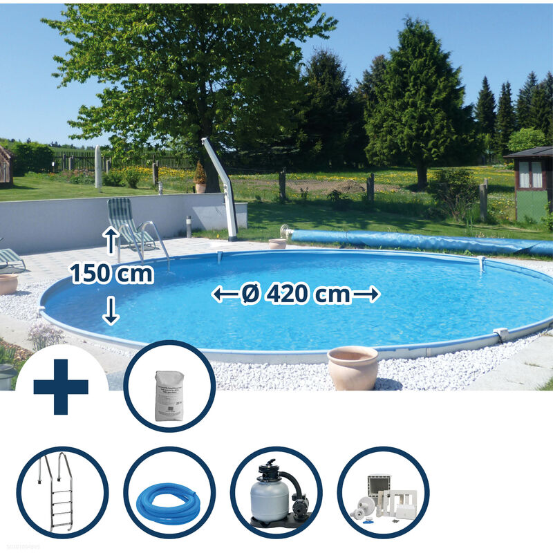 Stahlwandpool Set (8-teilig) tief rund Baltimore 420 x 150 cm, Stahl 0,8 mm weiß Folie 0,6 mm blau