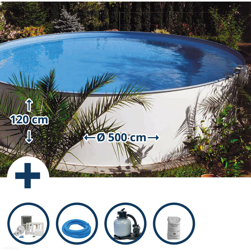 Stahlwandpool Set (6-teilig) hoch rund Borneo 500 x 120 cm, Stahl 0,6 mm weiß Folie 0,6 mm blau