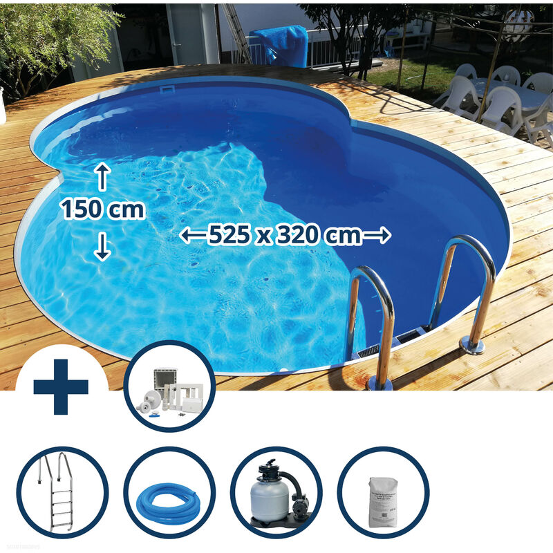 Stahlwandpool Set (10-teilig) tief achtform Cannes 525x320x150 cm, Stahl 0,8mm weiß Folie 0,6mm blau