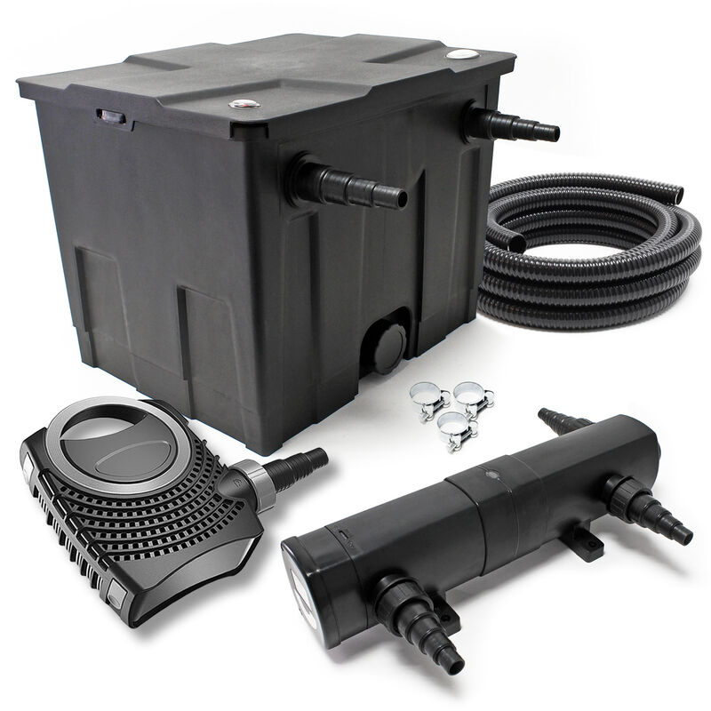SunSun Komplettset: CBF-350 Teichfilter bis 12000 L Teichfilteranlage Durchlauffilter, NEO8000 Teichpumpe 8000l/h 70W, CUV-224 Teichklärer 24W, 10m
