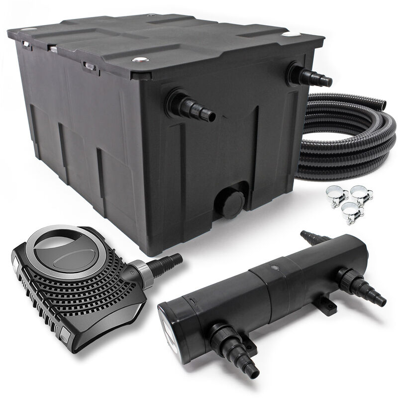 Wiltec Komplettset: CBF-550 Teichfilter bis 60000L Teichfilteranlage Durchlauffilter, NEO6000 Teichpumpe 6000l/h 40W, CUV-224 Teichklärer 24W, 5m