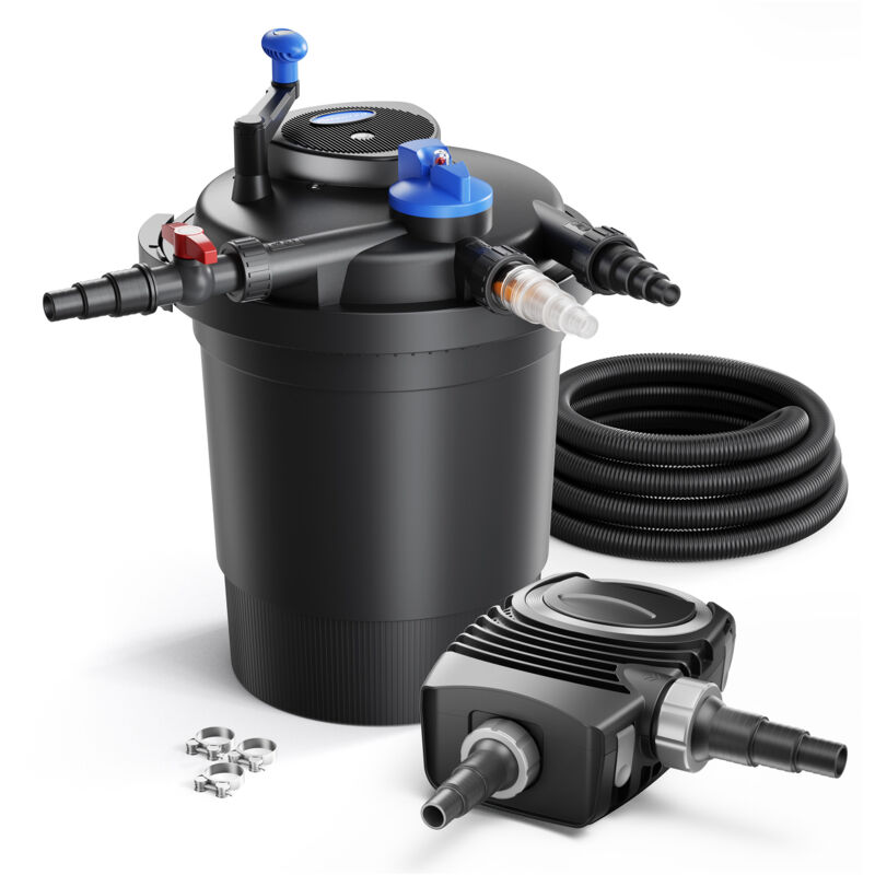 SunSun Komplettset: CPF-10000 Teichdruckfilter bis 10000 L mit 11 Watt UV-C Teichklärer, NEO3800 SuperEco Teichpumpe 3600l/h 20W, 5m Teichschlauch 38