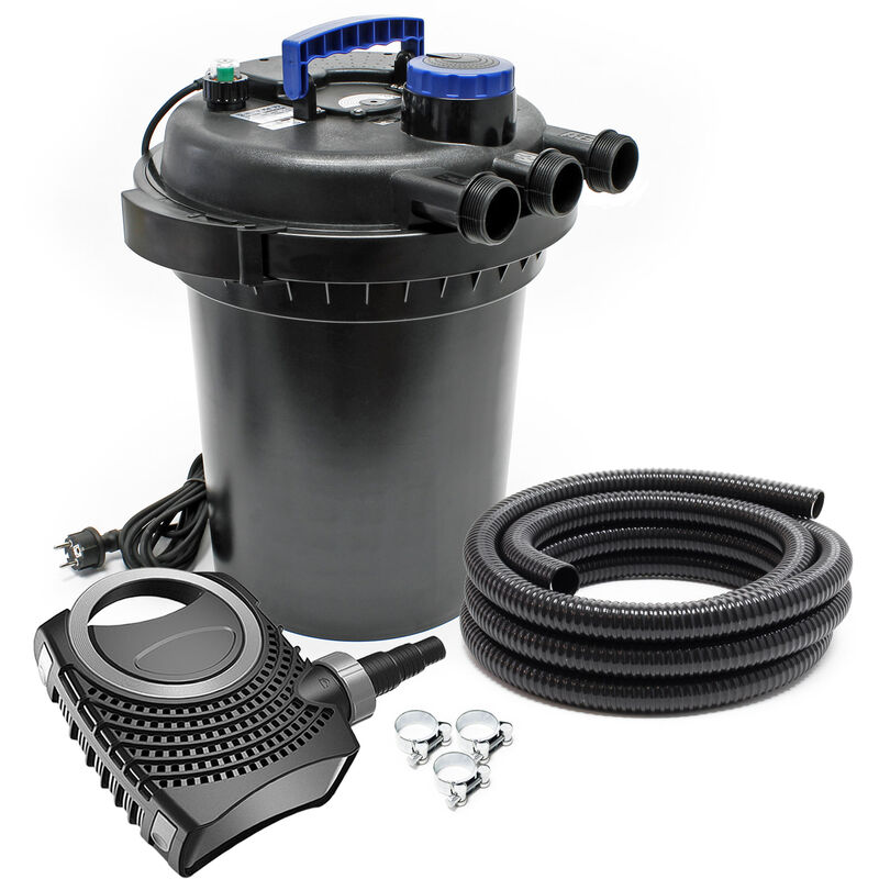 SunSun Komplettset: CPF-250 Teichdruckfilter bis 10000 L Teich mit 11W Teichklärer, NEO3800 SuperEco Teichpumpe 3600l/h 20W, 5m Teichschlauch 38 mm