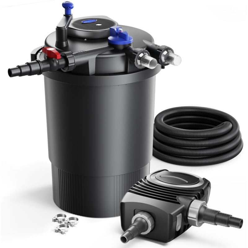 SunSun Komplettset: CPF-30000 Teichdruckfilter bis 12000 L mit 55 Watt UV-C Teichklärer, NEO6000 SuperEco Teichpumpe 6000l/h 40W, 5m Teichschlauch 38