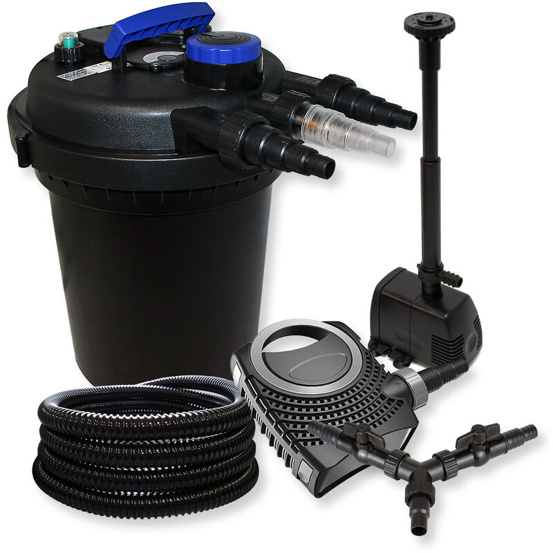 SunSun Komplettset: CPF-250 Teichdruckfilter bis 10000L Teich mit 11W Teichklärer, NEO10000 Teichpumpe 10000l/h 80W, 25m Teichschlauch 25 mm (1'),