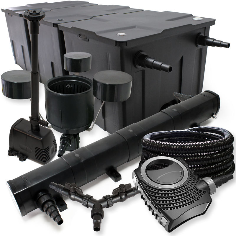 SunSun Komplettset: CBF-350C Teichfilter bis 90000 l, NEO10000 Teichpumpe 10000l/h 80W, CUV-272 Teichklärer 72W, 25m Schlauch 25mm, CSP-250 Skimmer