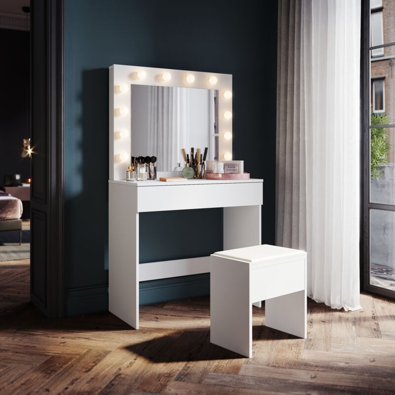 Sunxury - sonni Schminktisch mit LED-Beleuchtung, Kosmetiktisch mit Spiegel und Hocker, Frisiertisch mit Schublade, 12 LED-Glühbirnen, drei